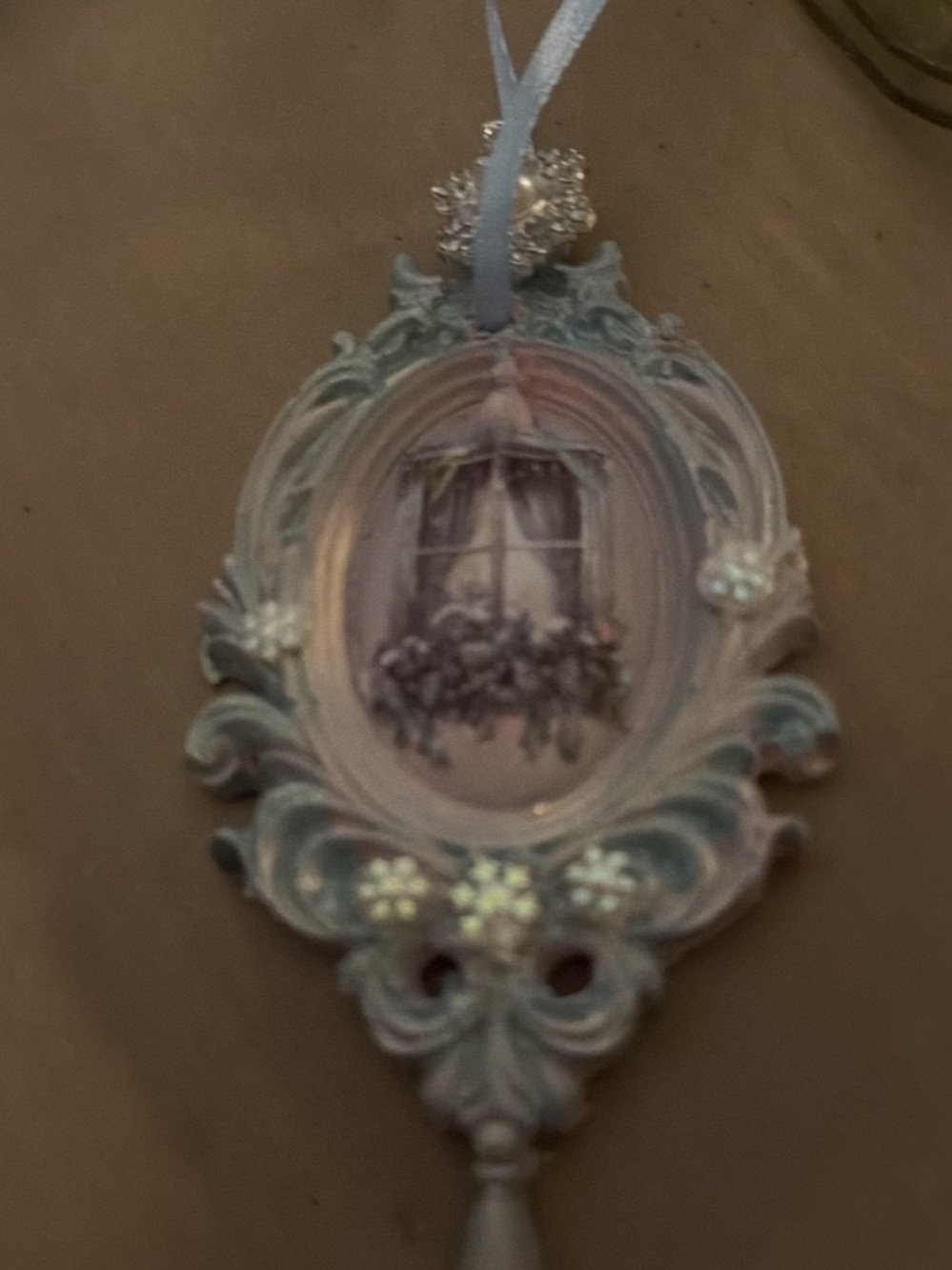 Hand-Painted Pastel Blue Holiday Ornament with Window Scene